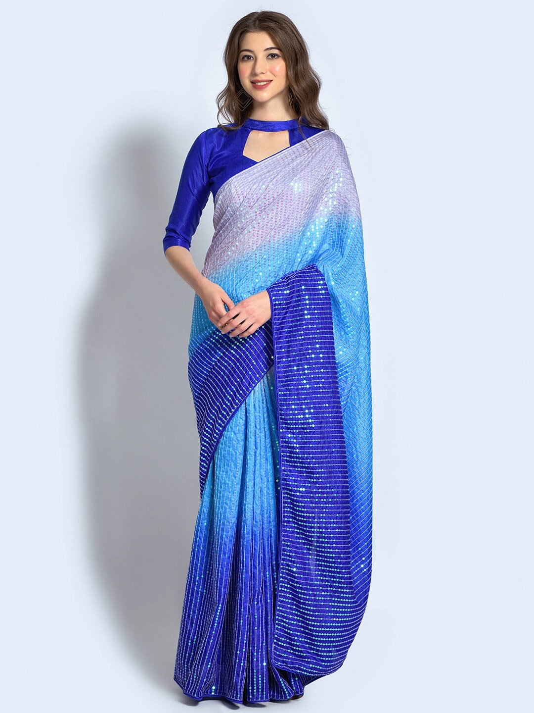 

FABPIXEL Blue & Navy Blue Ombre Sequinned Pure Georgette Heavy Work Saree