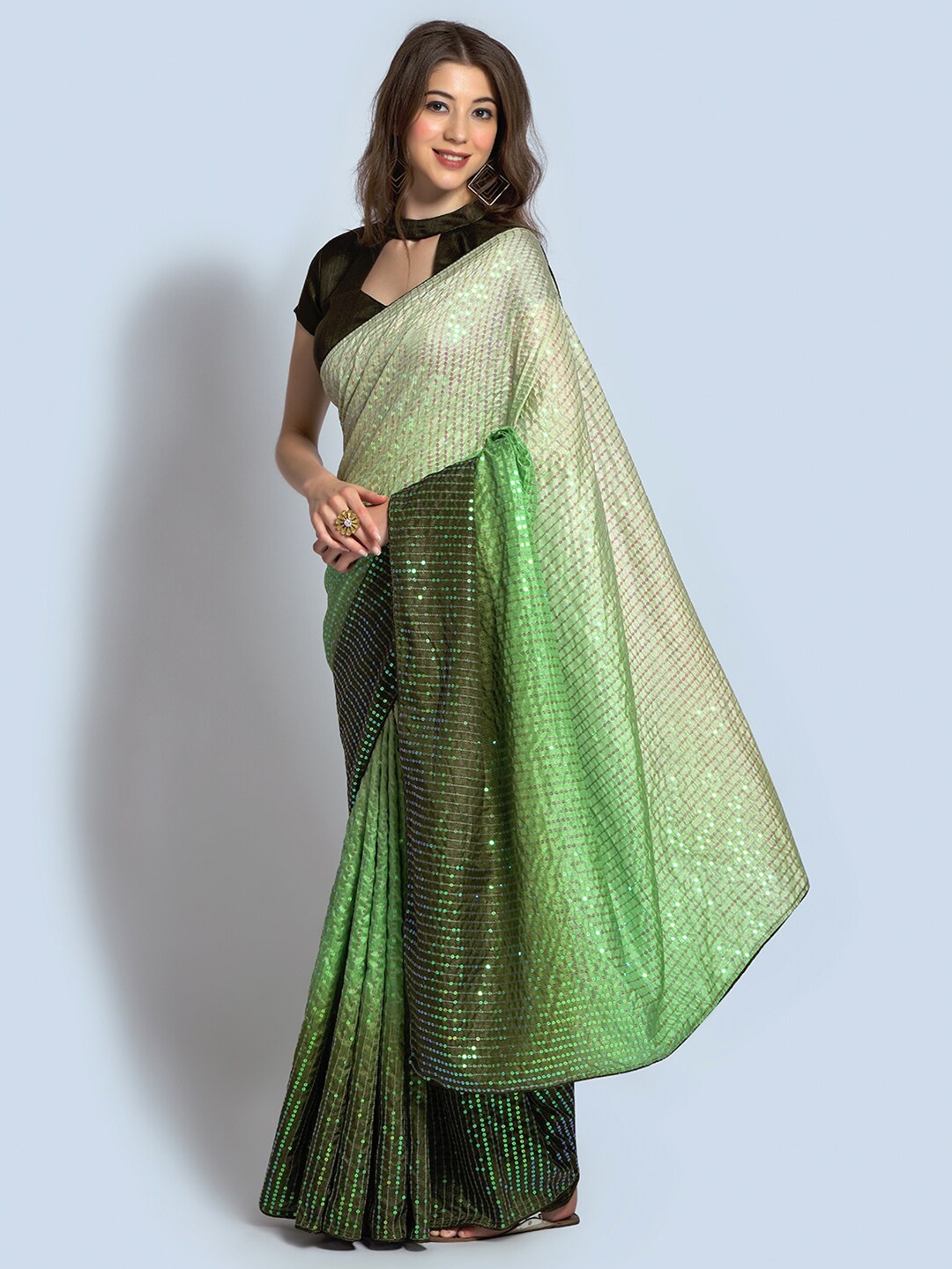 

FABPIXEL Olive Green & Pink Ombre Sequinned Pure Georgette Heavy Work Saree