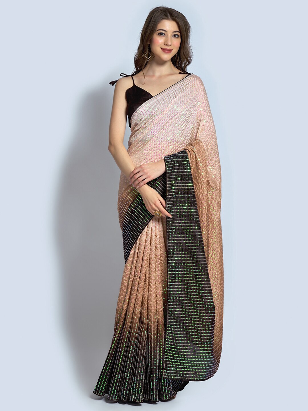 

FABPIXEL Brown & Black Ombre Sequinned Pure Georgette Heavy Work Saree