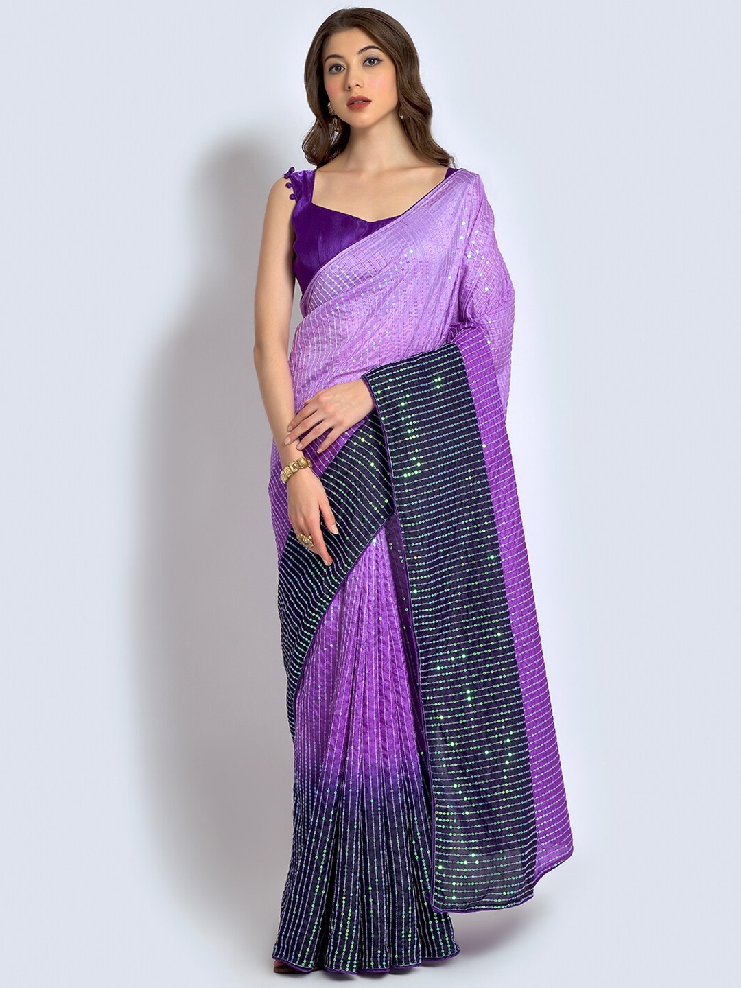 

FABPIXEL Purple & Black Embellished Sequinned Pure Georgette Heavy Work Chanderi Saree
