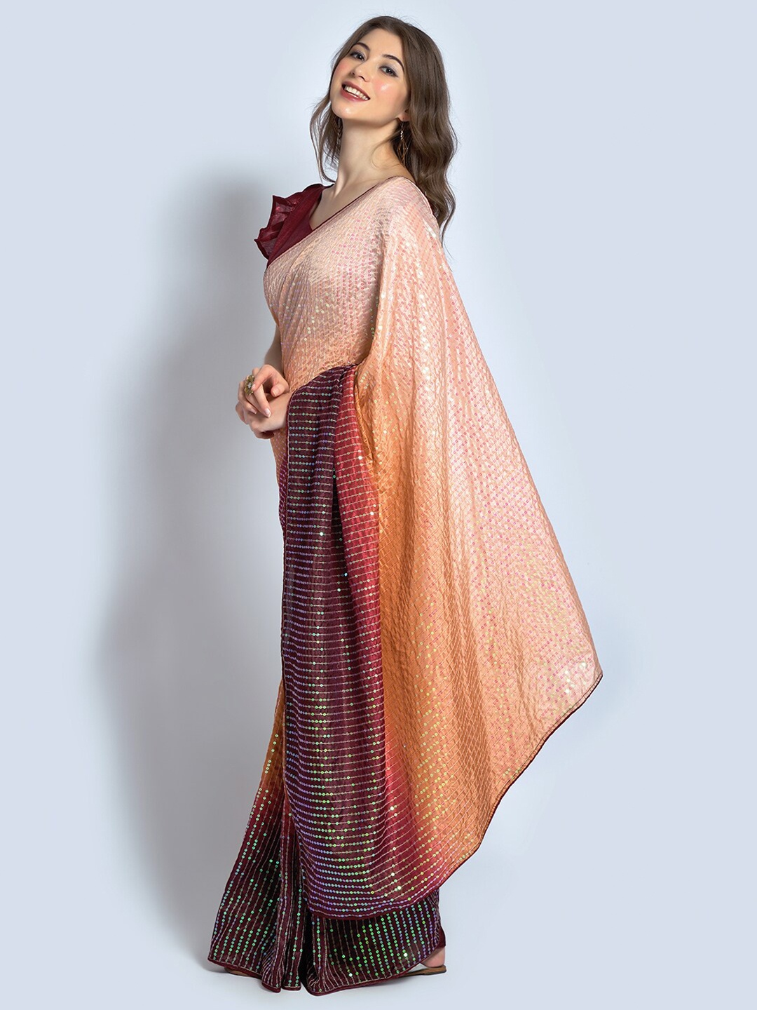 

FABPIXEL Maroon & Green Embellished Sequinned Pure Georgette Heavy Work Chanderi Saree