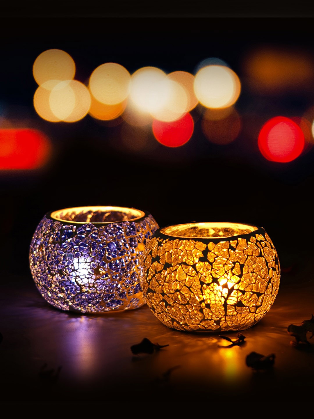 

eCraftIndia Purple & Yellow Set of 2 Mosiac Glass Decorative Tea Light Candle Holders