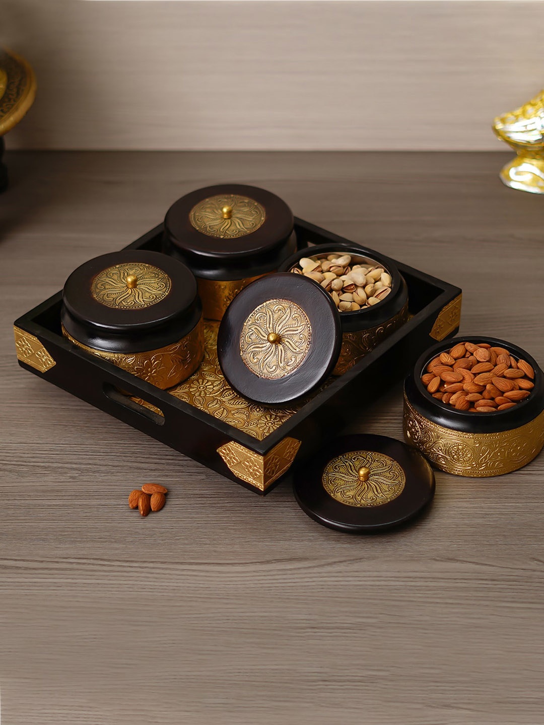 

eCraftIndia Black & Gold Decorative Handcrafted Tray with 4 Round Containers