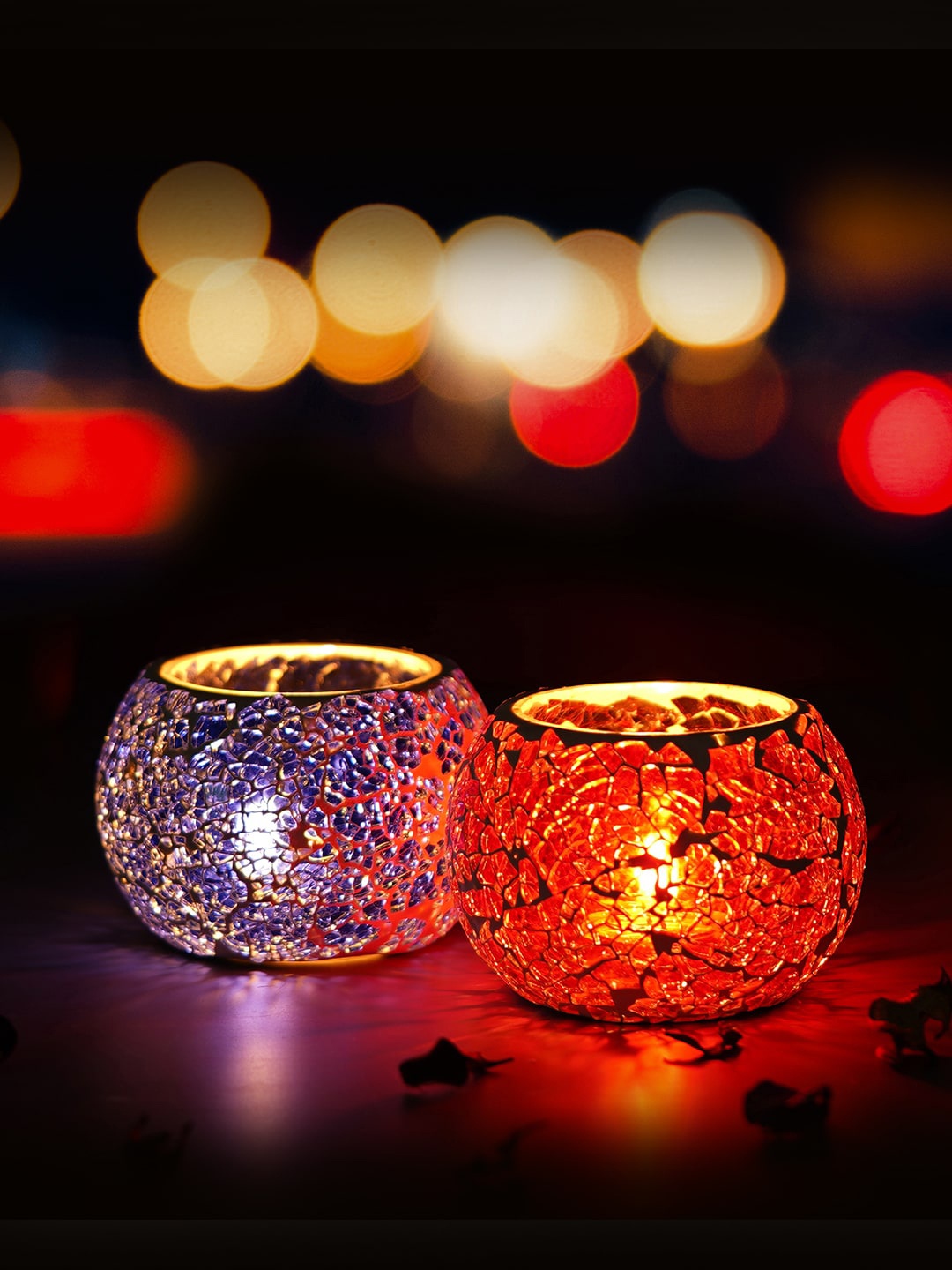 

eCraftIndia Purple & Red Set of 2 Mosiac Glass Decorative Tea Light Holder/diya