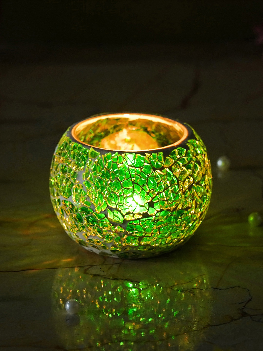 

eCraftIndia Green Mosiac Glass Decorative Tea Light Holder