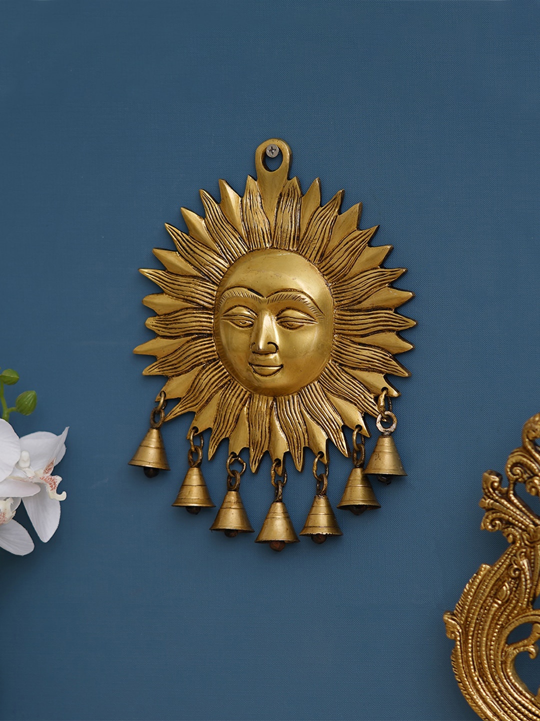 

ECraftIndia Golden Decorative Handcrafted Sun God Brass Wall Hanging with Bells, Gold