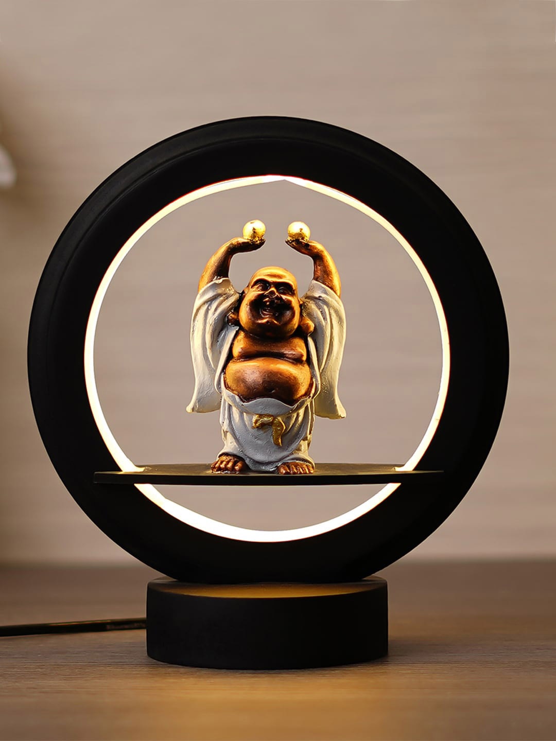 

eCraftIndia Black Standing Laughing Buddha Monk Circular Night Showpiece