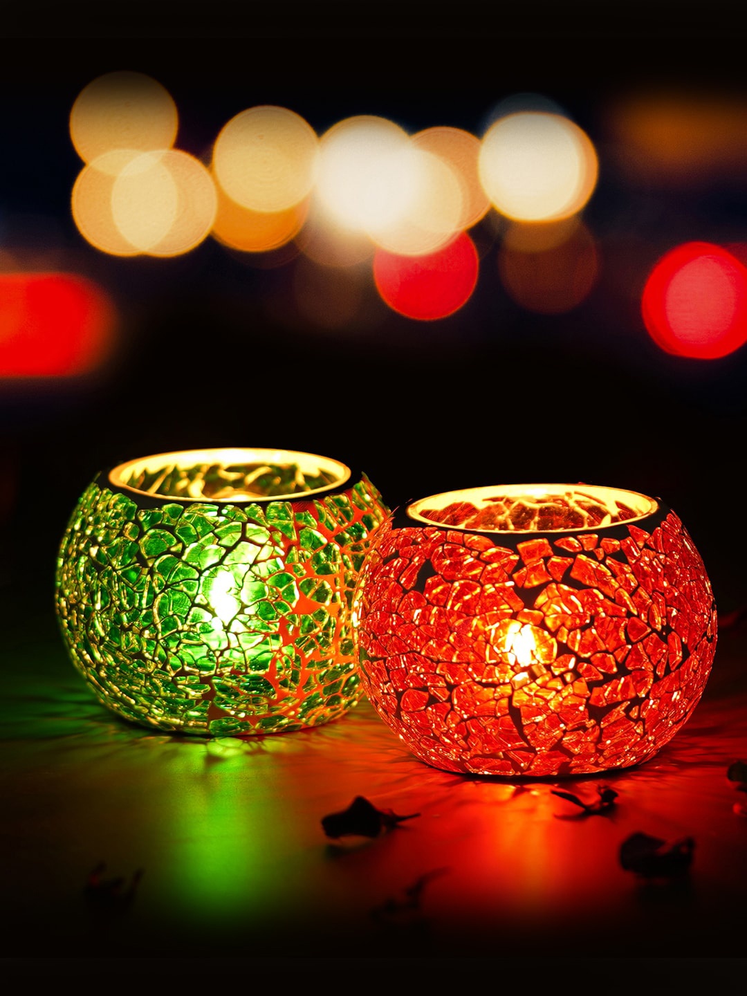 

eCraftIndia Set Of 2 Red & Green Mosiac Glass Decorative Tea Light Holder Showpieces