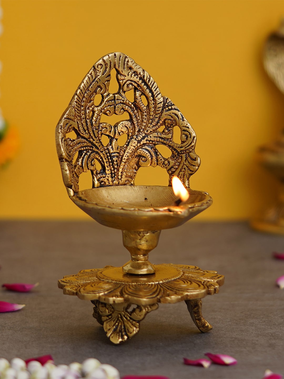 eCraftIndia Golden Decorative Handcrafted Brass Diya Stand, Gold