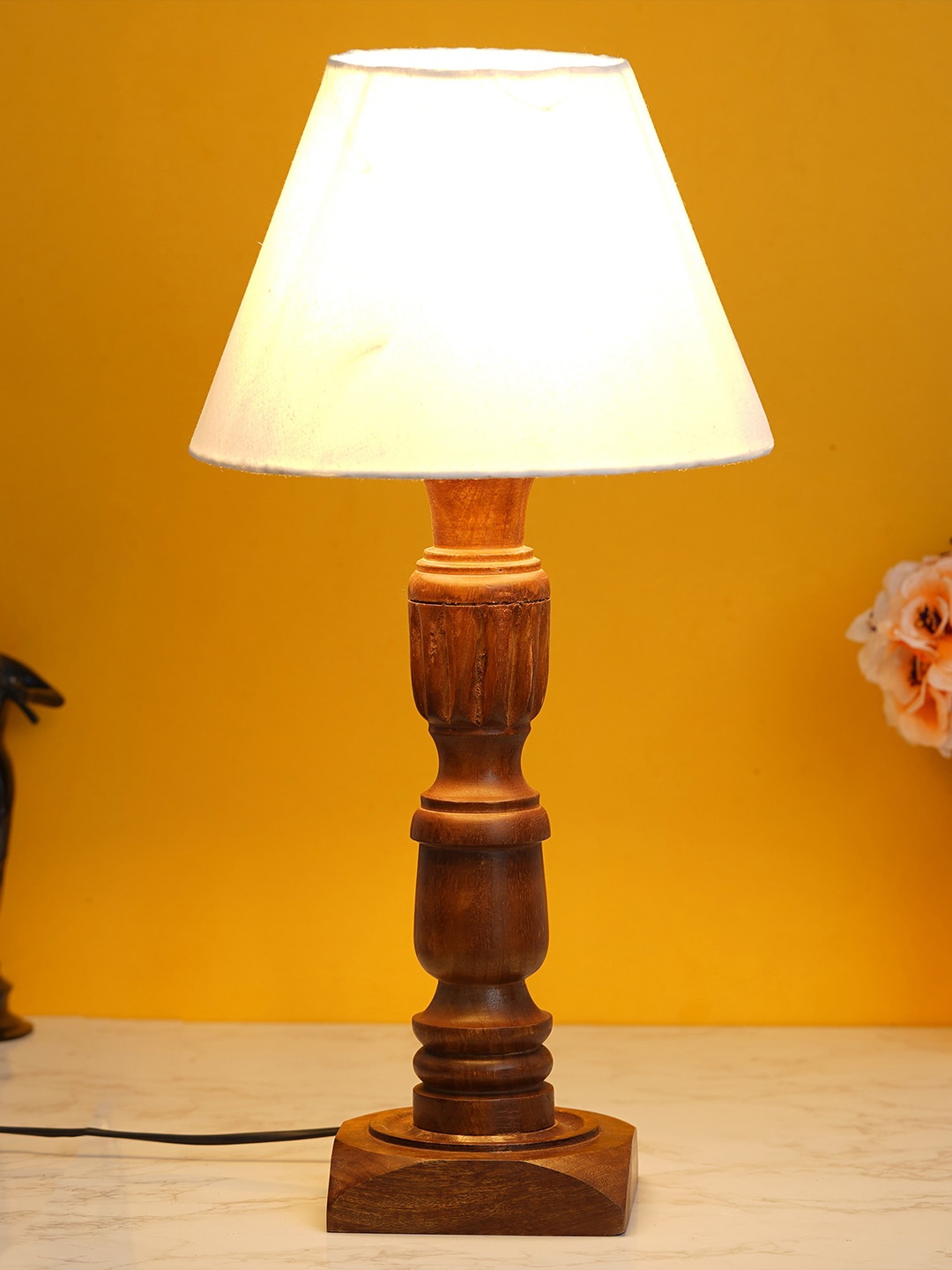

eCraftIndia Brown & White Designer Modern Wooden Night Table Lamp