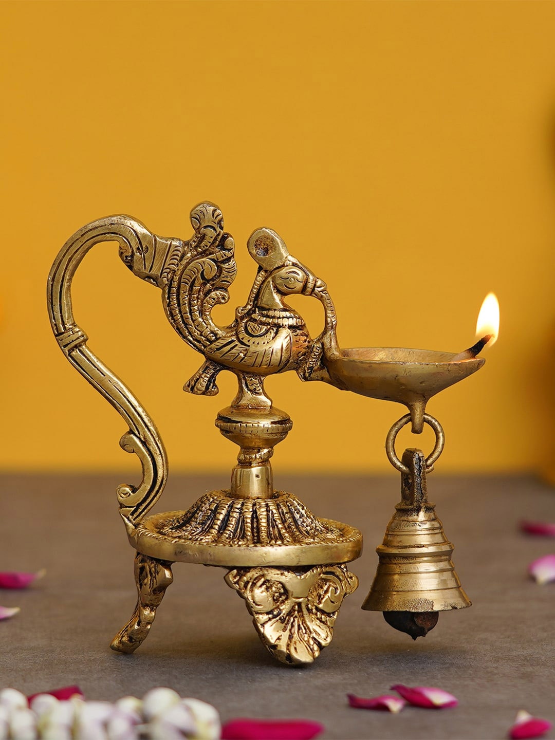 

eCraftIndia Gold-Toned Decorative Peacock Brass Showpiece with Diya Stand with Bell
