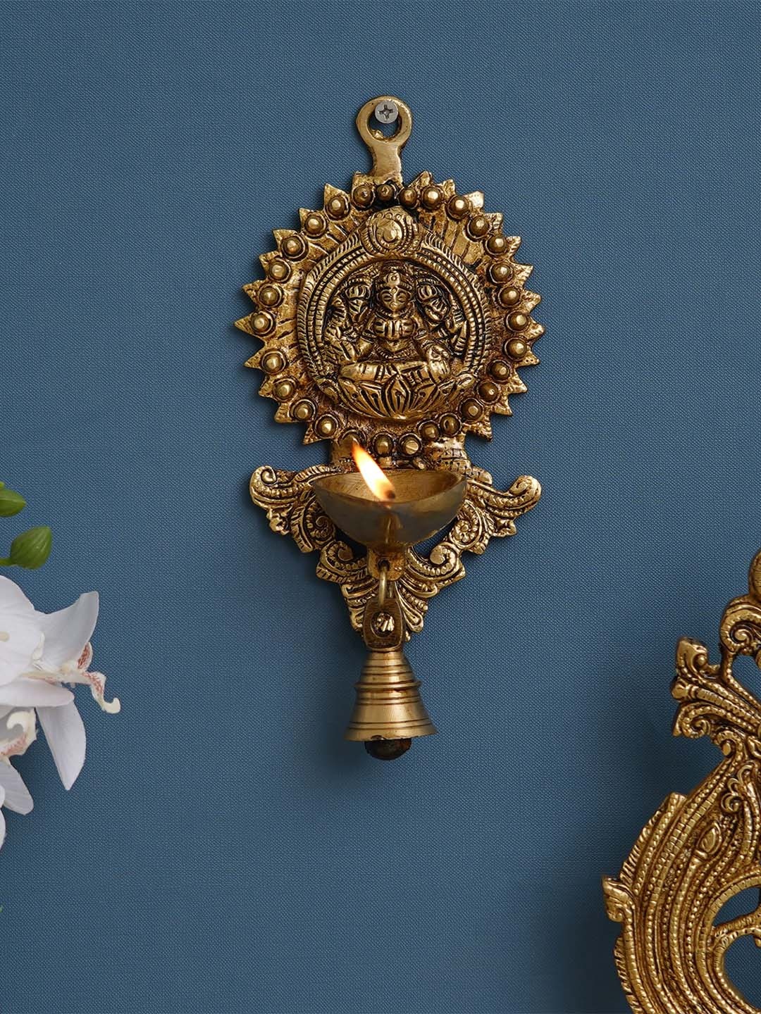 

ECraftIndia Golden Decorative Handcrafted Brass Wall Hanging Diya with Bell Wall Decor, Gold