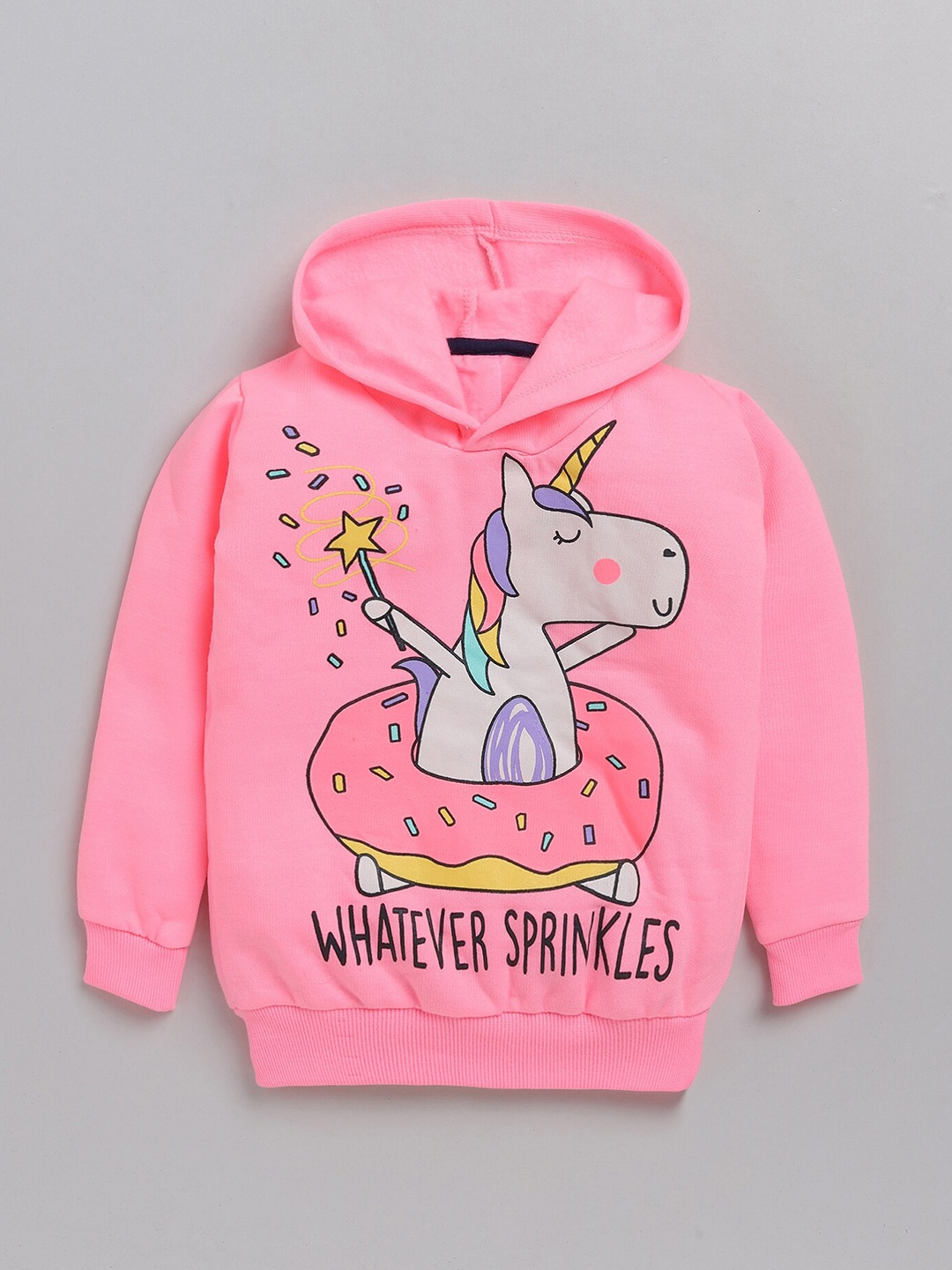 

YK Girls Pink Unicorn With Donut Printed Hooded Fleece Sweatshirt