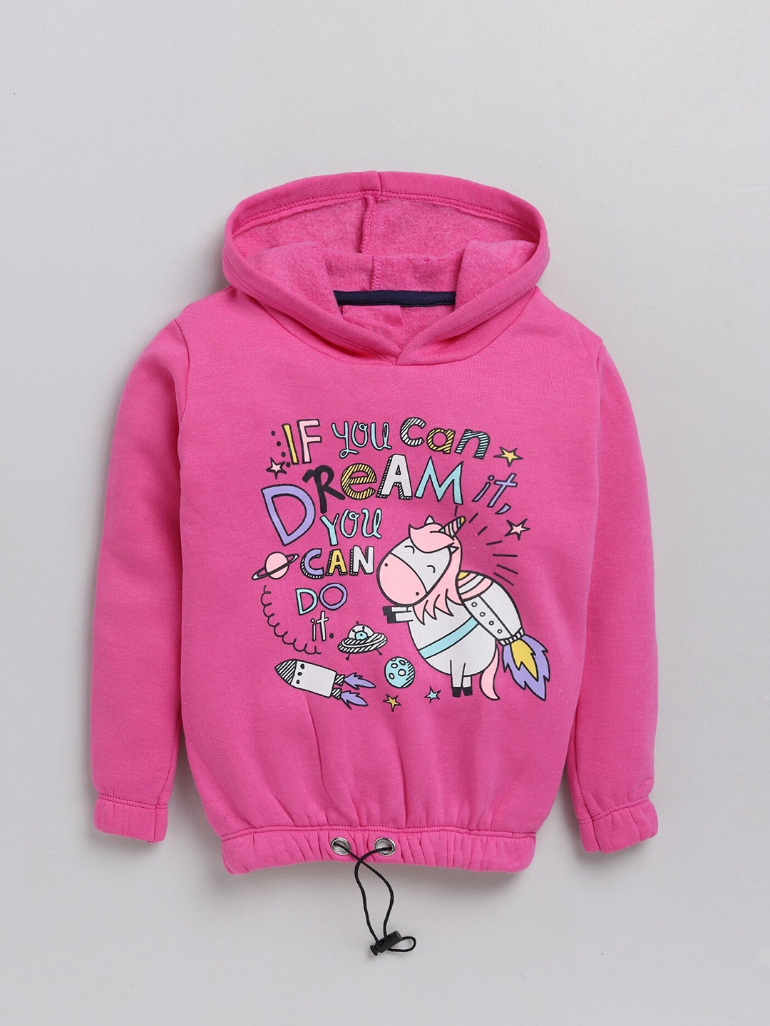

YK Girls Pink Unicorn With Rocket & Typography Printed Hooded Fleece Sweatshirt