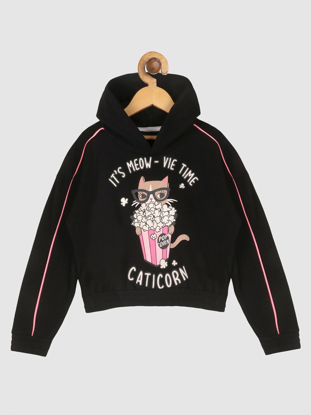 

YK Girls Black and pink Cat Printed Hooded Sweatshirt With Contrast Details