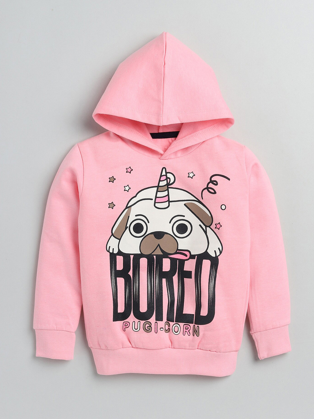 

YK Girls Pink Unicorn Dog and Typography Printed Hooded Fleece Sweatshirt