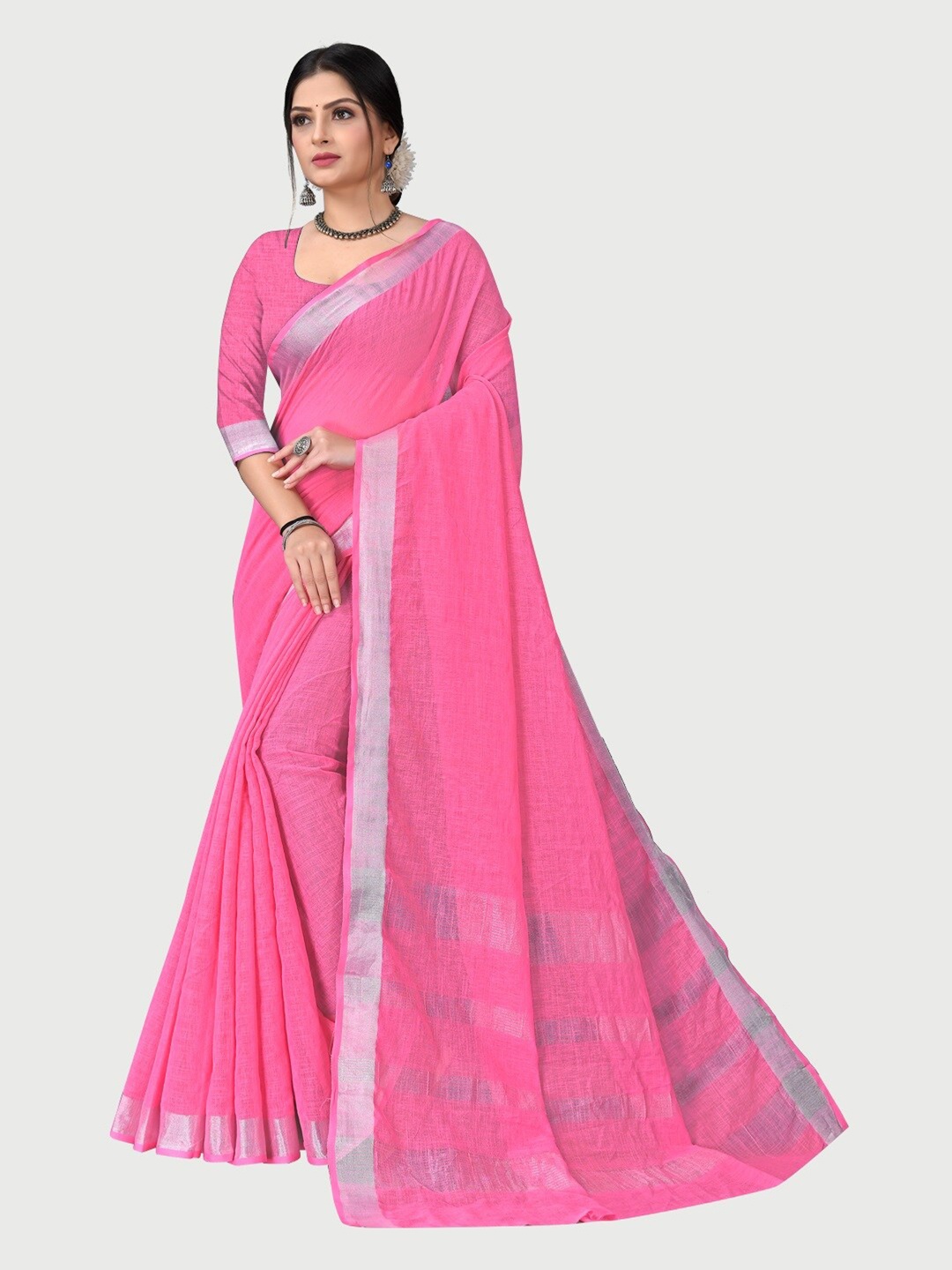 

Sidhidata Pink & Silver-Toned Zari Pure Cotton Chanderi Saree
