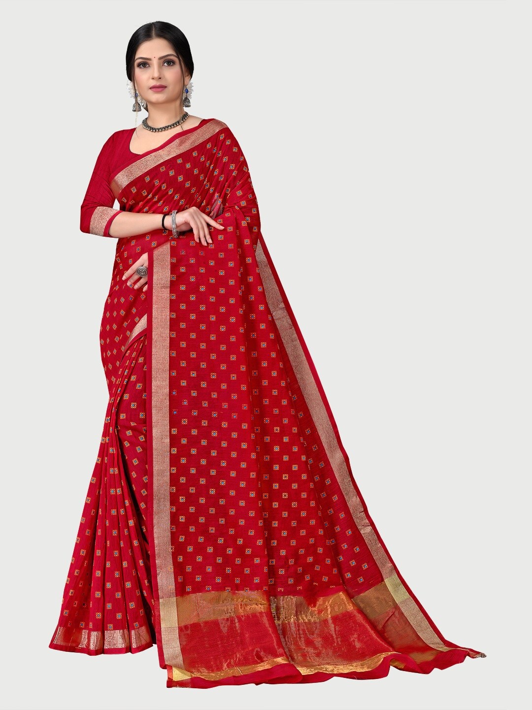 

Sidhidata Red & Gold-Toned Zari Pure Cotton Chanderi Saree