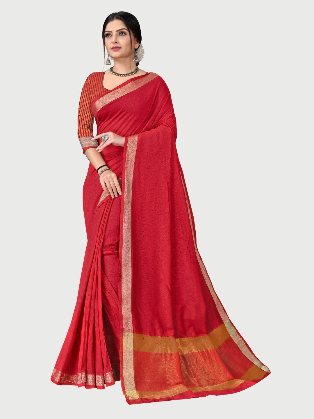 

Sidhidata Red & Gold-Toned Zari Pure Cotton Chanderi Saree