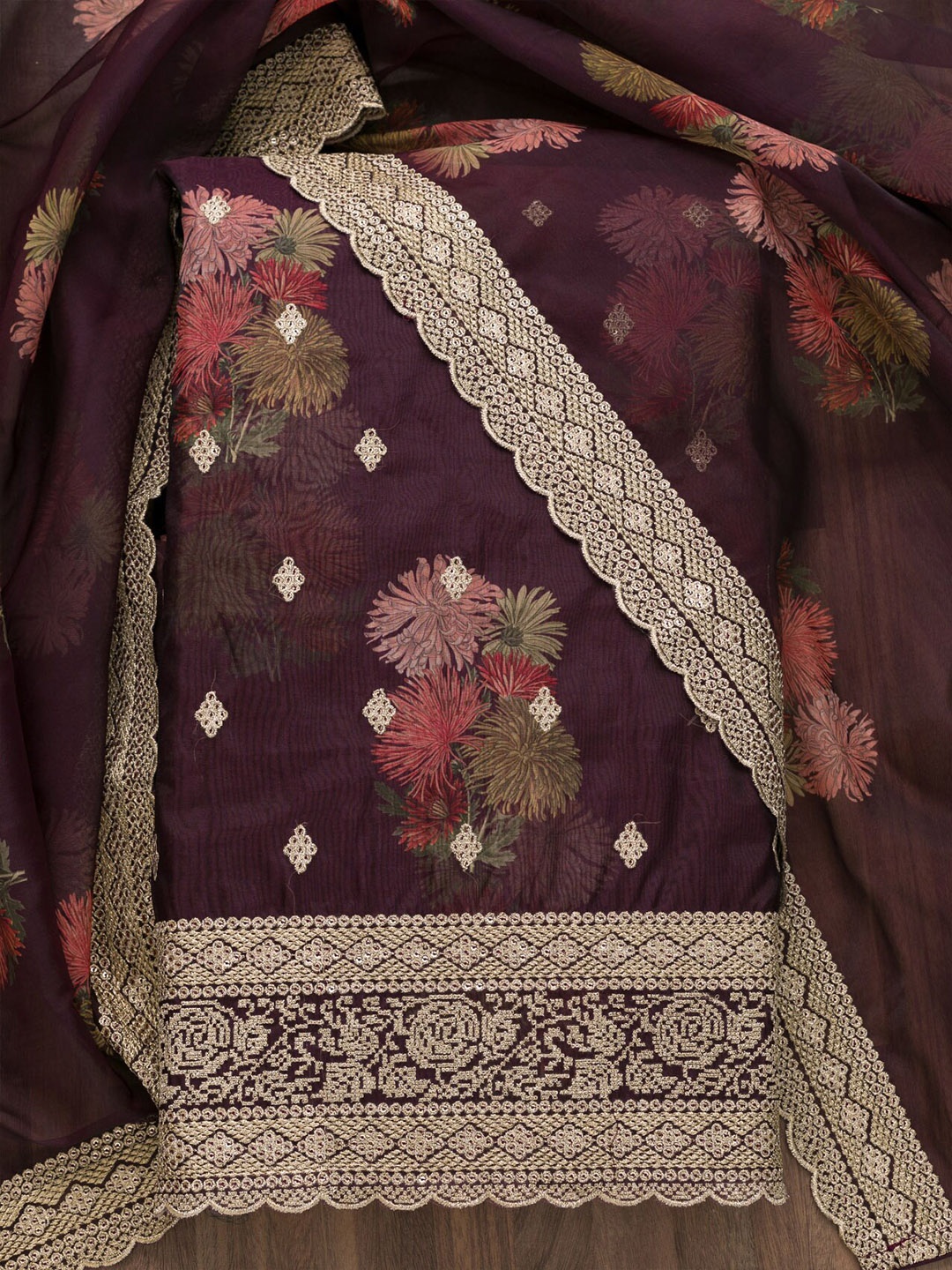 

Koskii Embroidered Organza Unstitched Dress Material, Burgundy