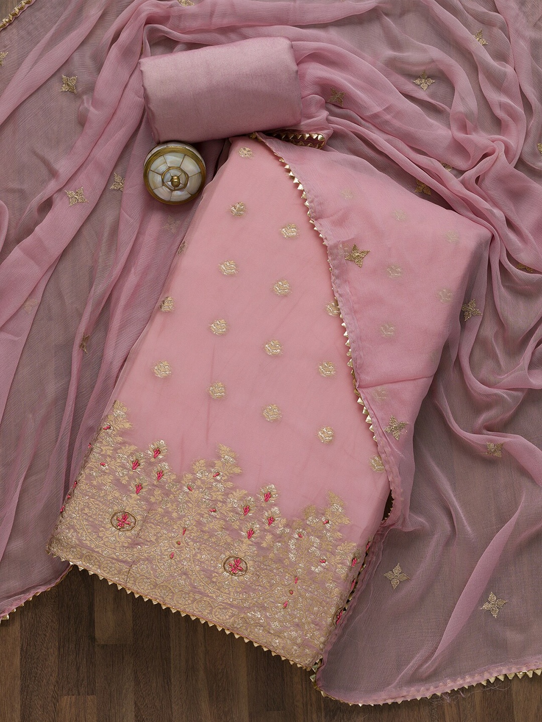 

Koskii Women Pink & Gold-Toned Embroidered Unstitched Dress Material