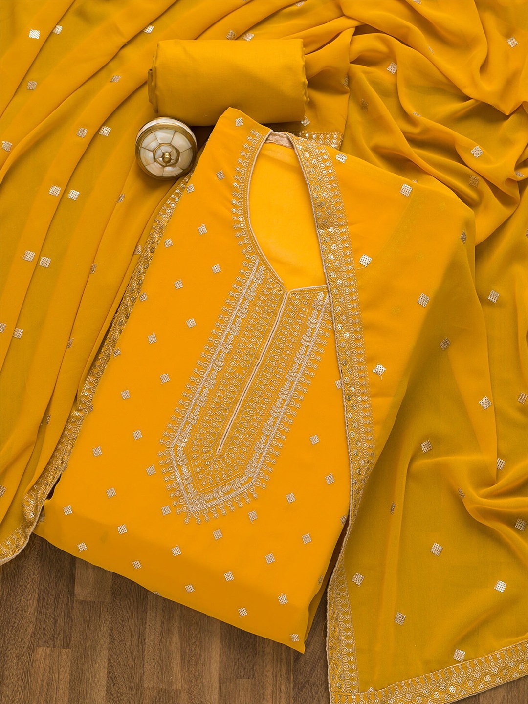 

Koskii Embellished Semi-Stitched Dress Material, Mustard