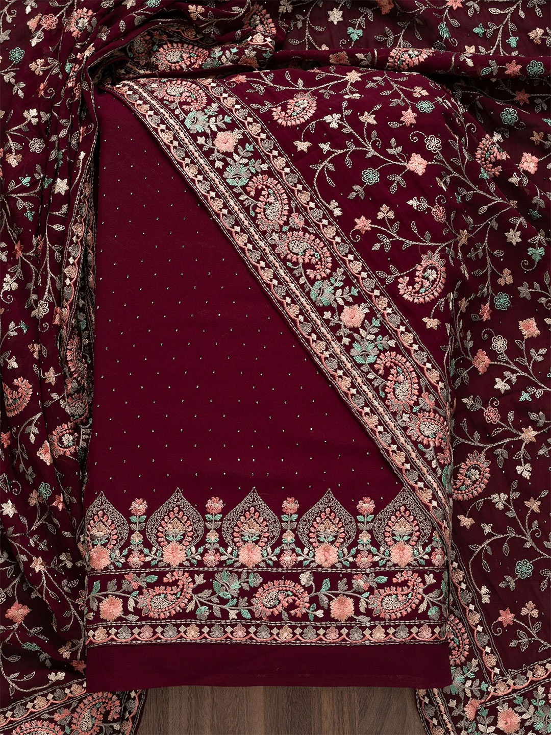 

Koskii Embroidered Unstitched Dress Material, Burgundy