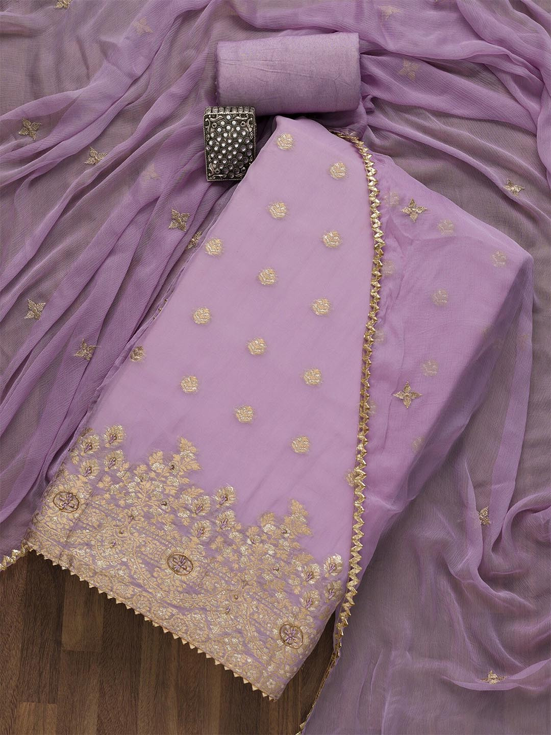 

Koskii Gold-Toned Printed Unstitched Dress Material, Lavender