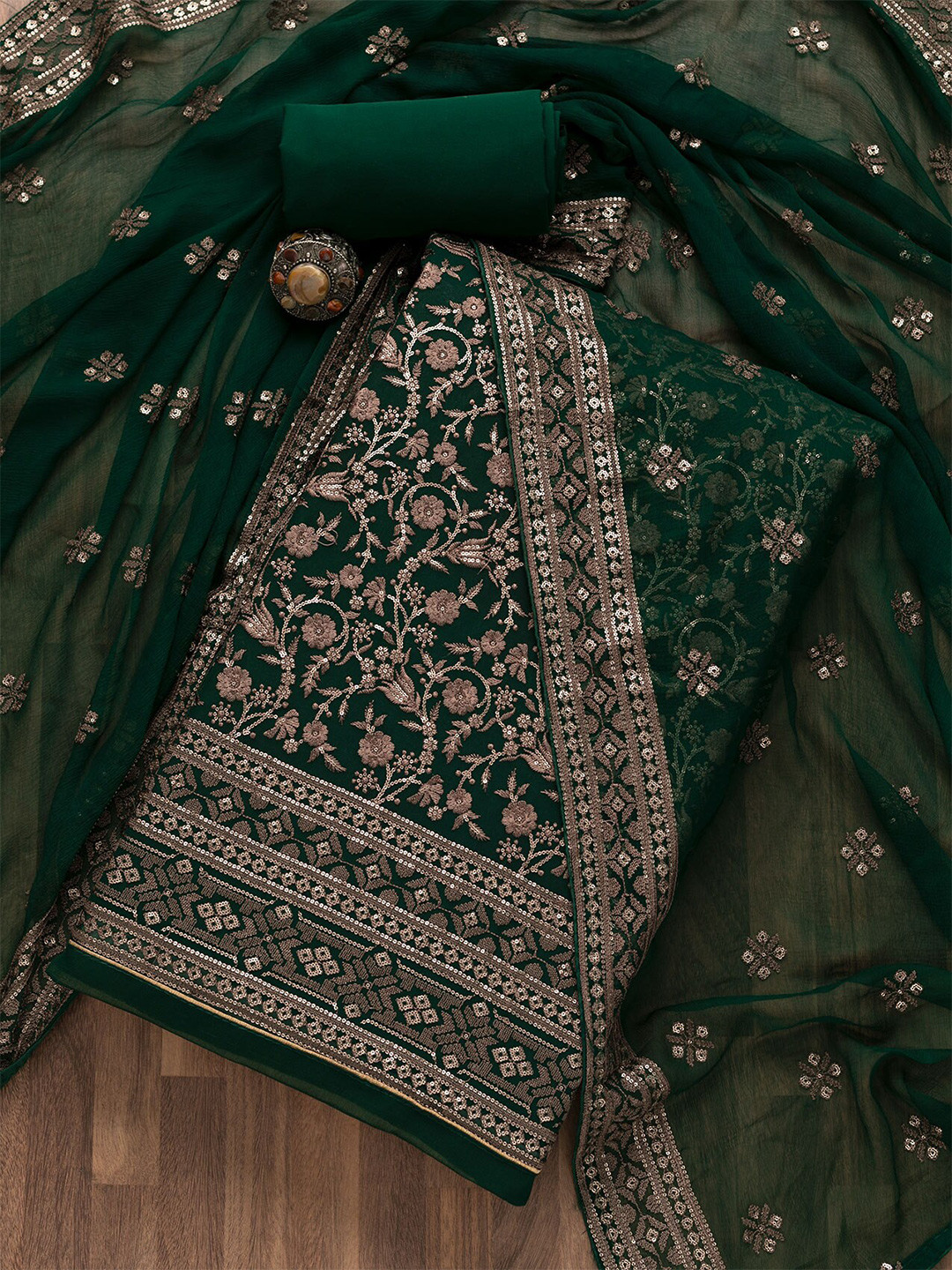 

Koskii Embroidered Unstitched Dress Material, Green