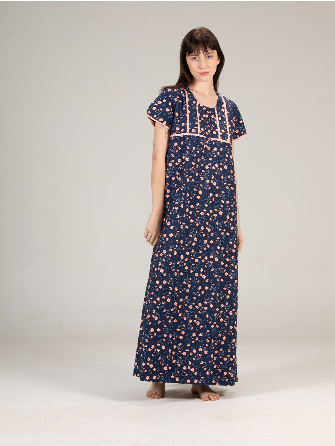 

evolove Printed Maxi Pure Cotton Nightdress, Blue