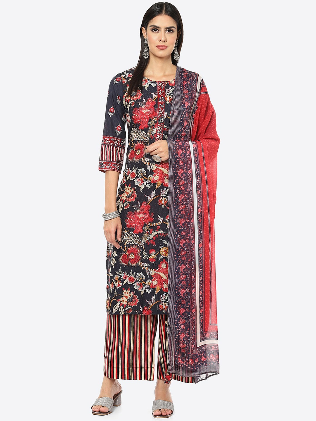 

Biba Women Charcoal Floral Printed Kurta with Palazzo & Dupatta