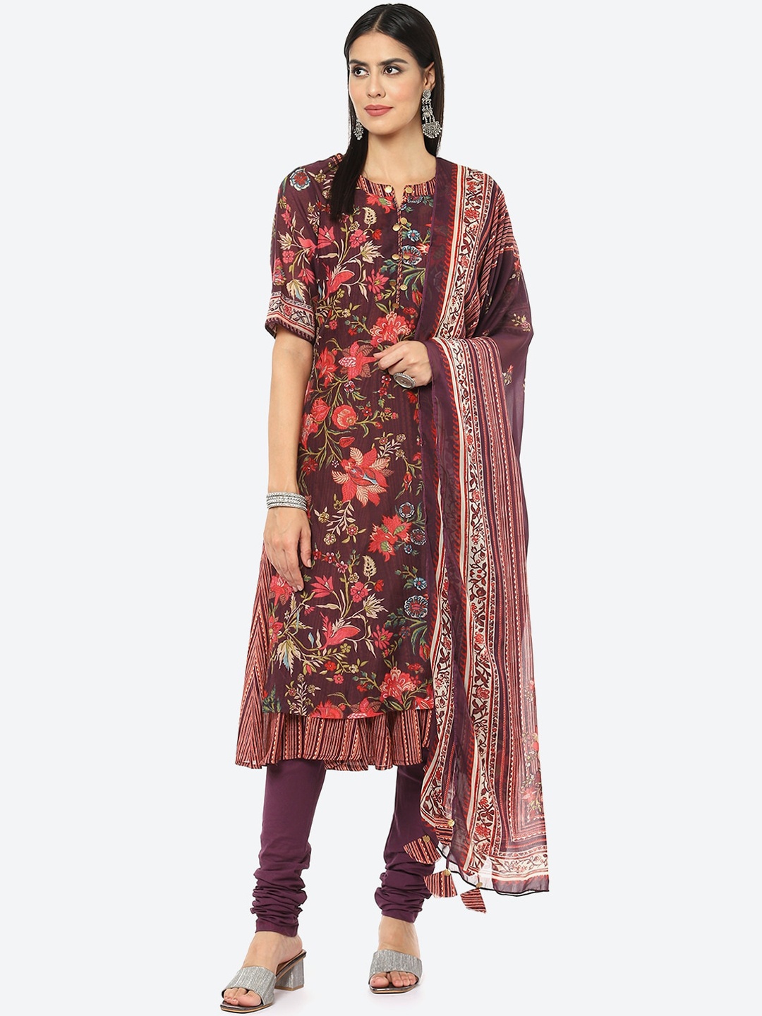 

Biba Women Plus size Maroon Floral Printed Layered Kurta with Churidar & Dupatta