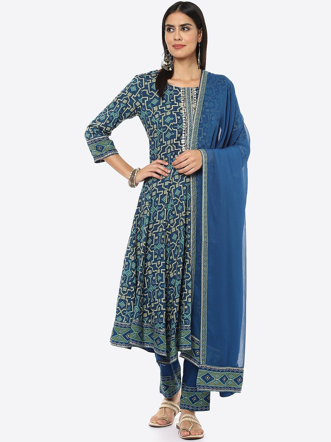 

Biba Women Blue Printed Kurta with Trouser & Dupatta