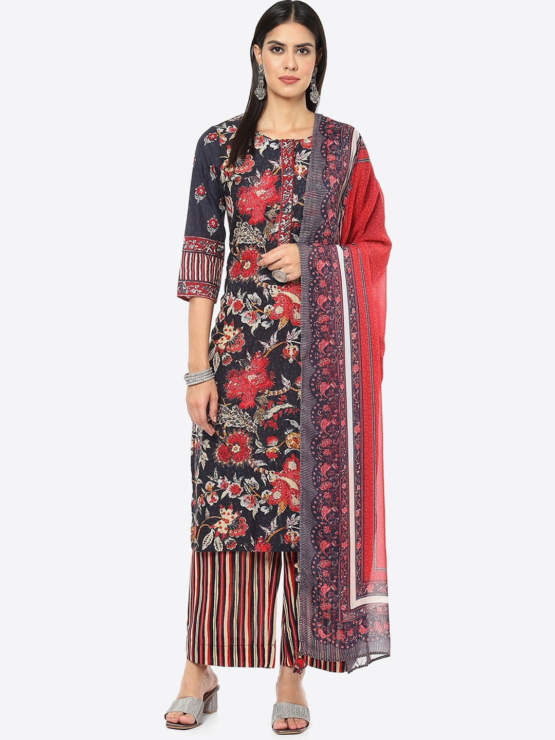 

Biba Women Plus size Charcoal Floral Printed Kurta with Palazzos & Dupatta