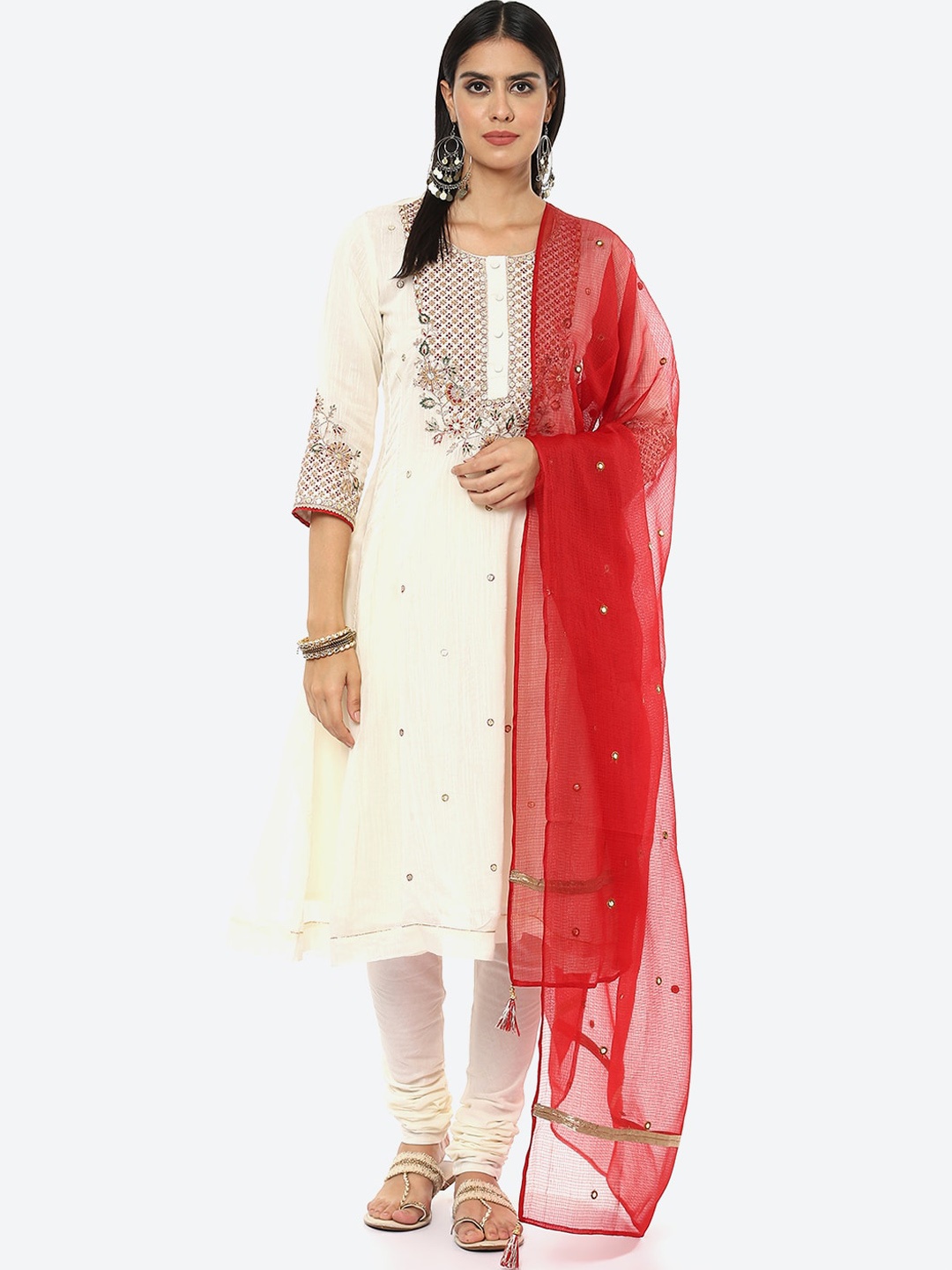 

Biba Women Off White Floral Embroidered Kurta with Churidar & Dupatta