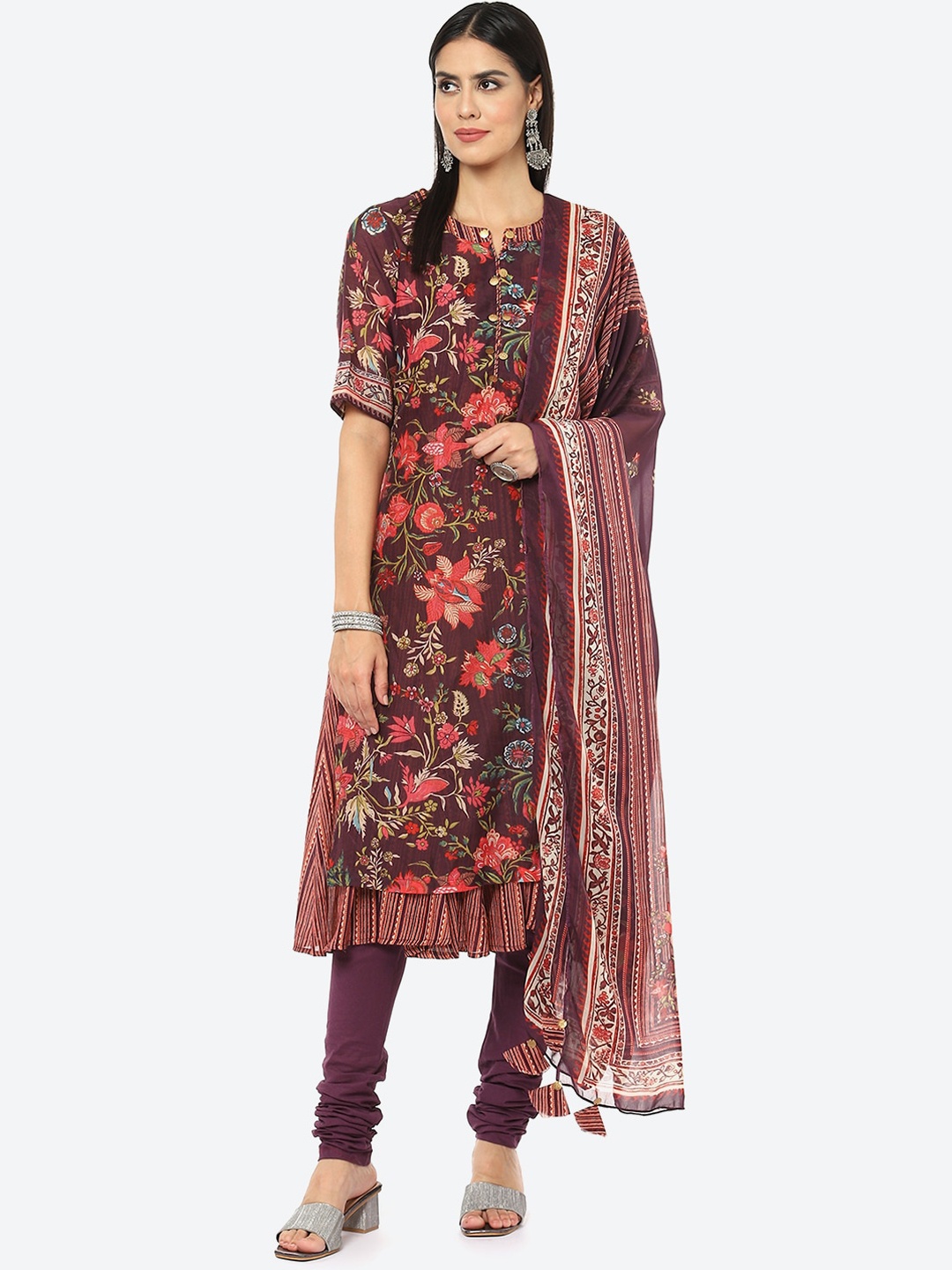 

Biba Women Maroon Floral Printed Kurta with Churidar & Dupatta