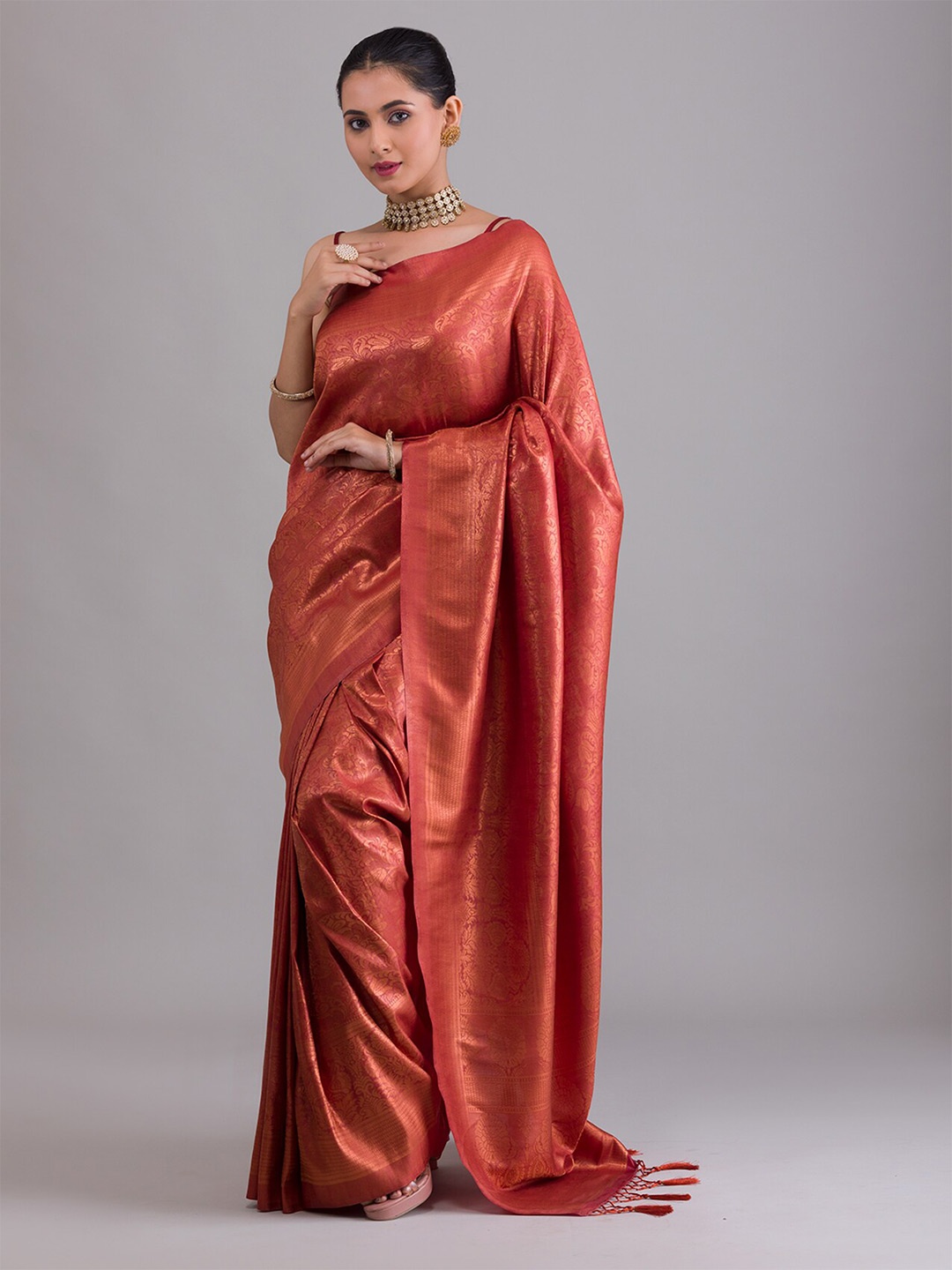 

Koskii Rust & Gold-Toned Ethnic Motifs Zari Brocade Saree