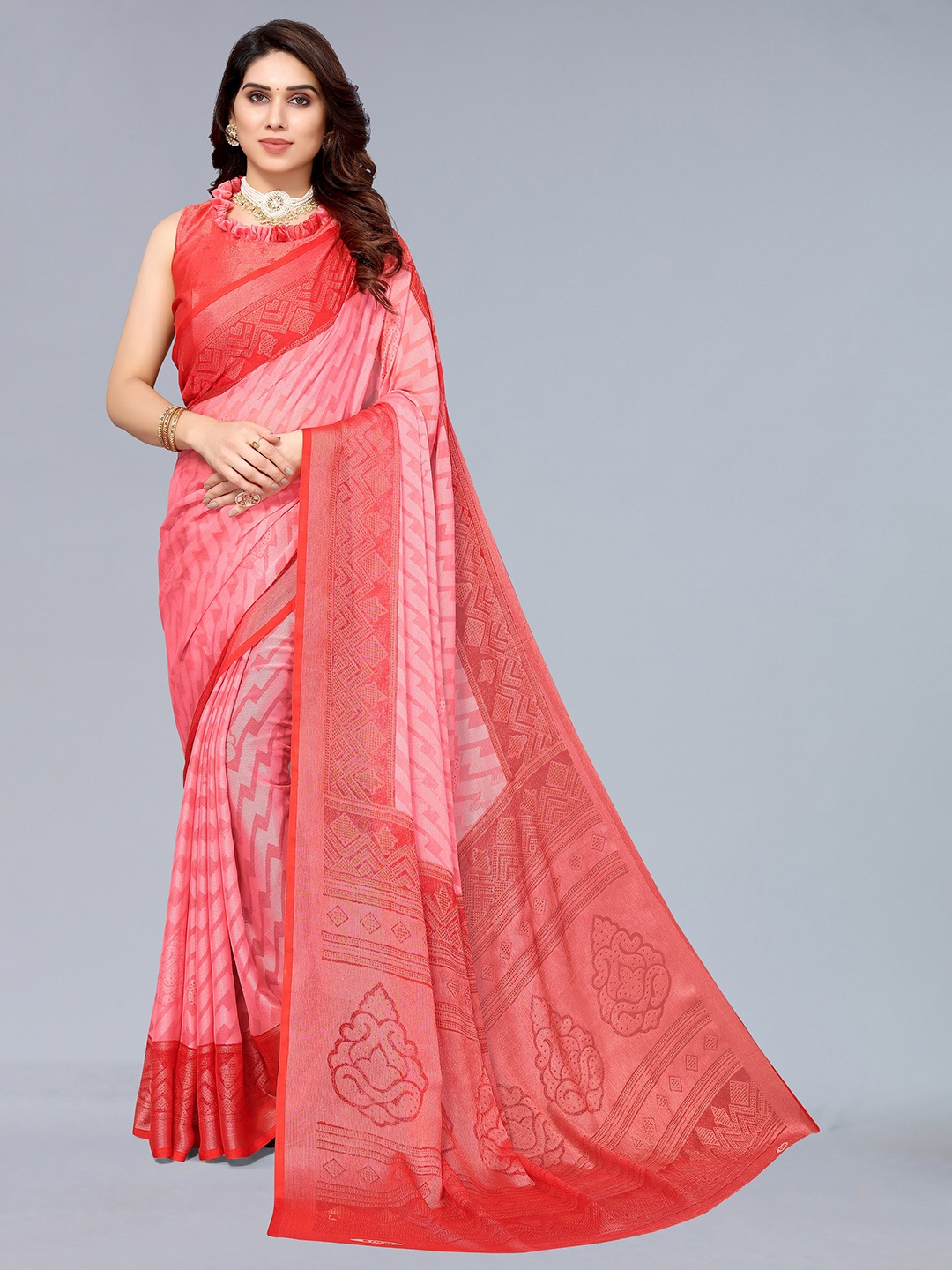 

Winza Designer Red Zari Pure Chiffon Saree