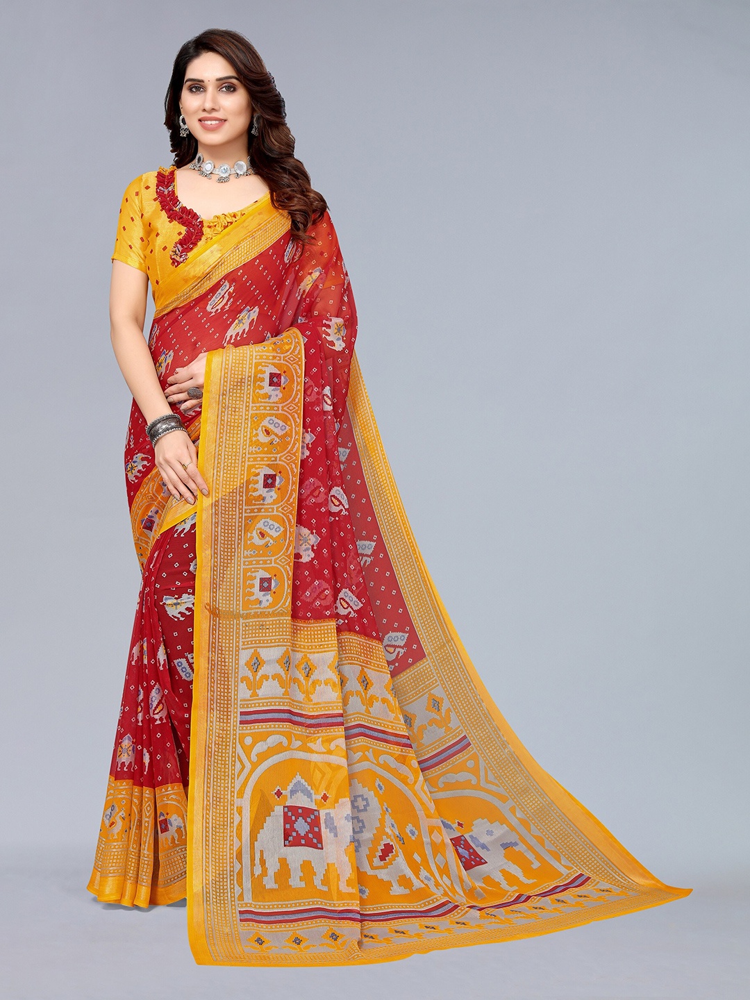 

Winza Designer Red & Yellow Ethnic Motifs Print Zari Pure Chiffon Block Print Saree