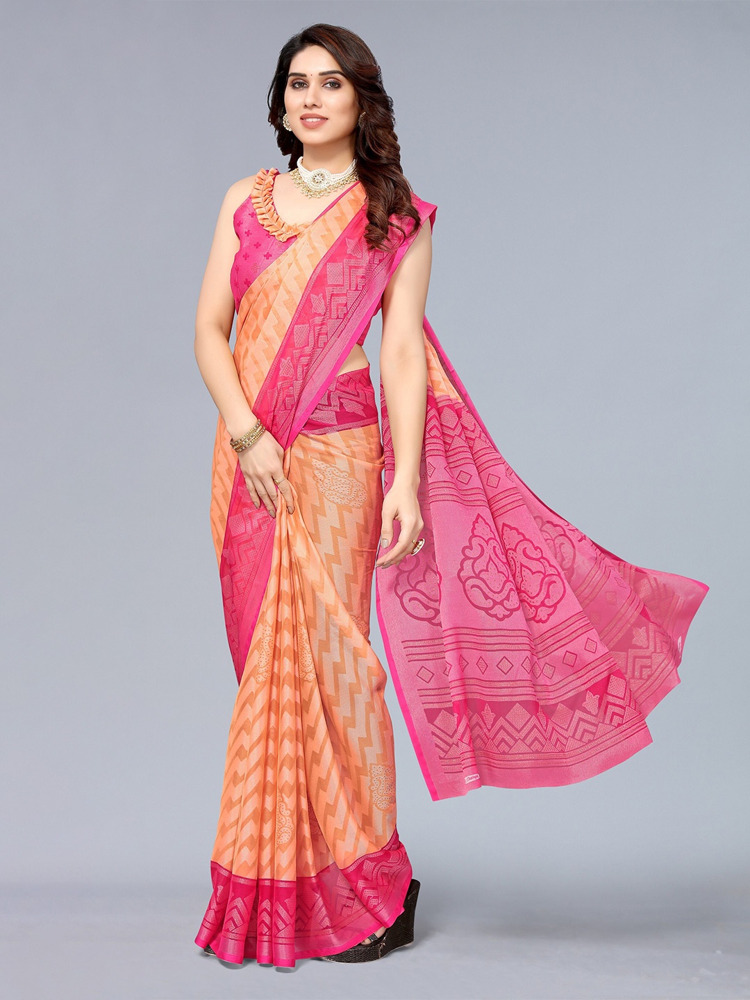 

Winza Designer Pink & Orange Zari Pure Chiffon Leheriya Saree