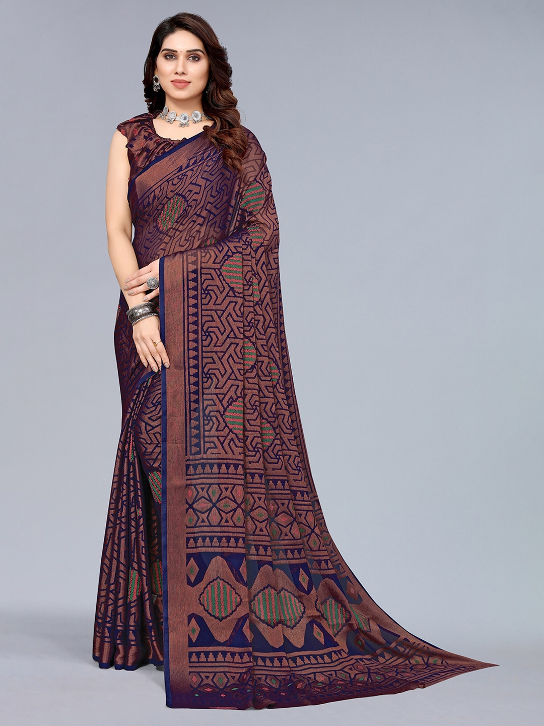 

Winza Designer Navy Blue & Brown Woven Design Zari Pure Chiffon Bandhani Saree