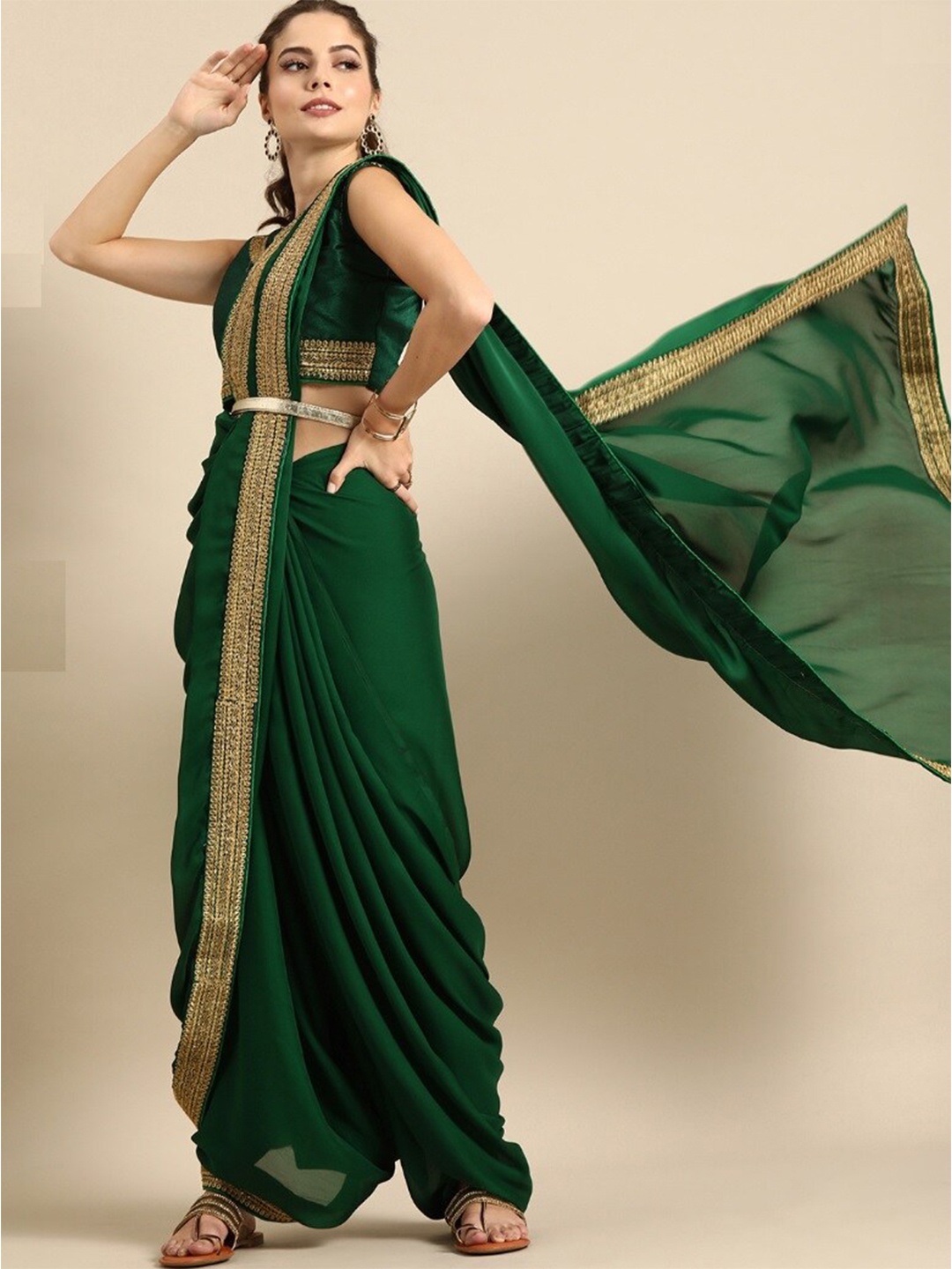 

Sangria Green & Gold-Toned Zari Satin Saree