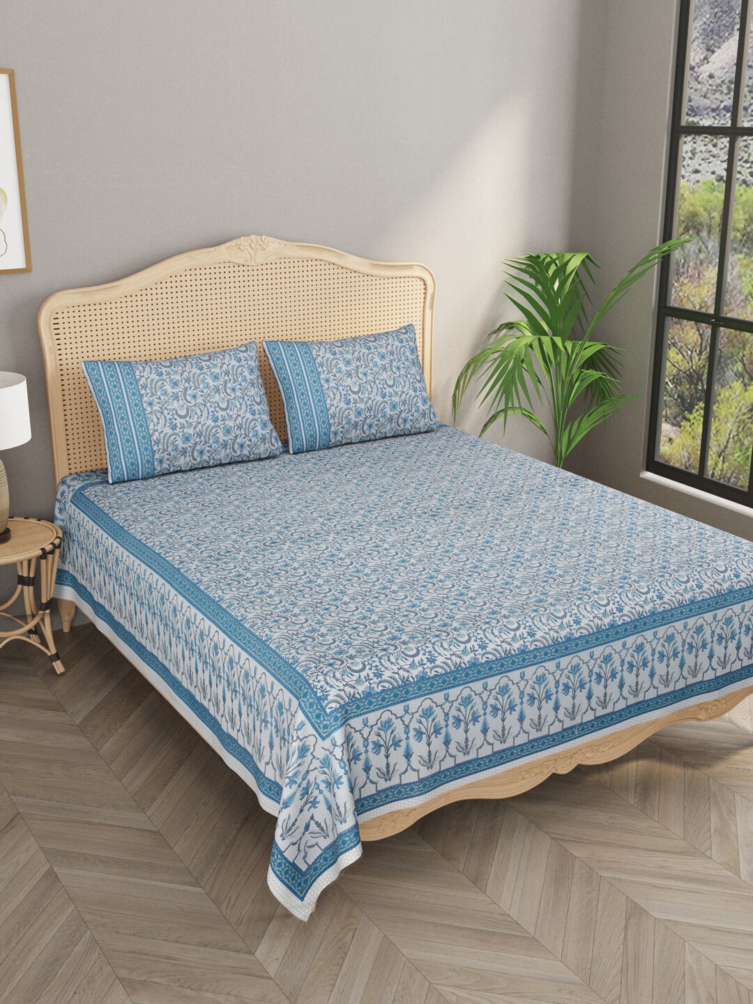 

Gulaab Jaipur Floral 400 TC King Bedsheet with 2 Pillow Covers, Blue