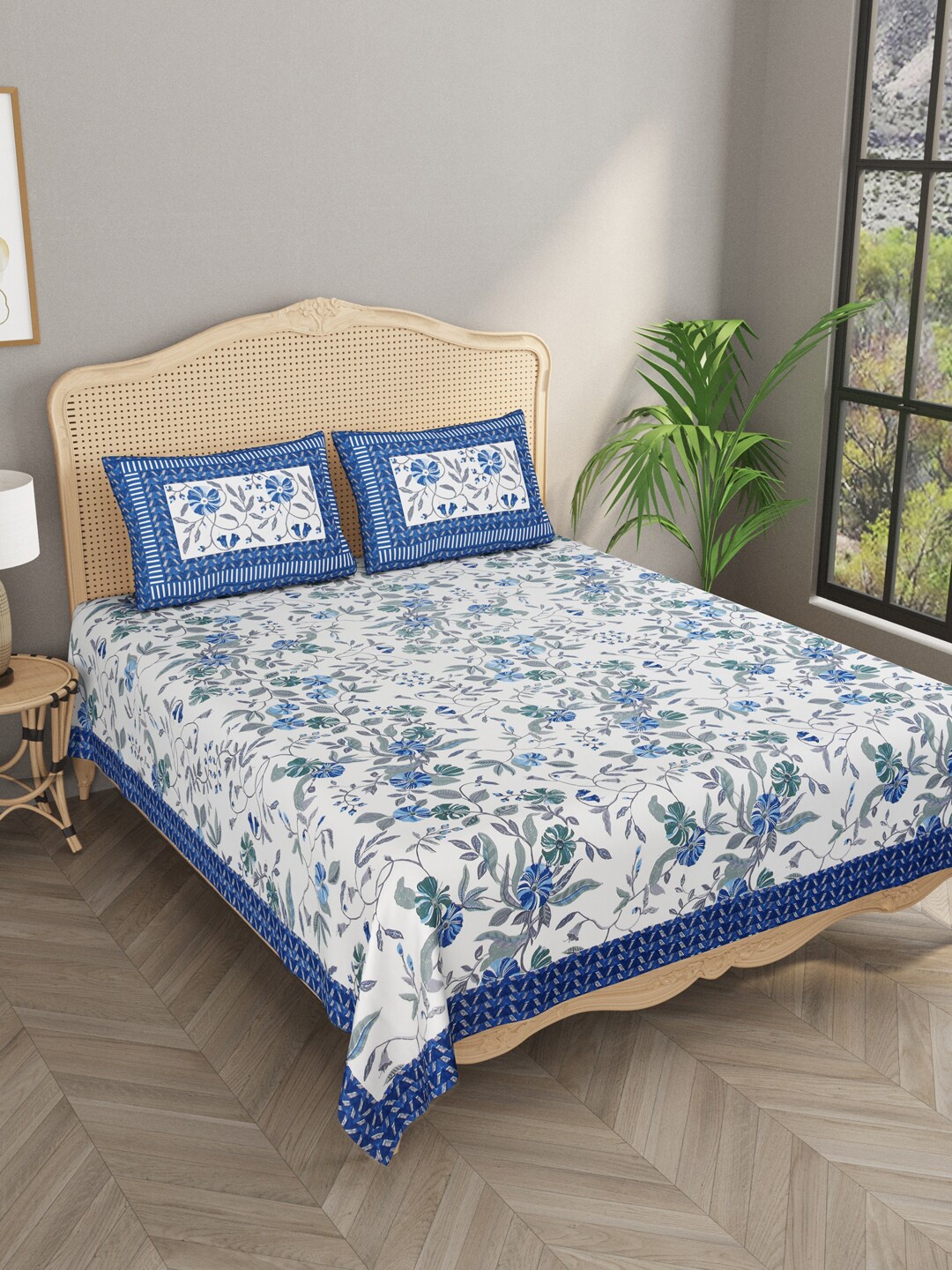 

Gulaab Jaipur Floral 400 TC King Bedsheet with 2 Pillow Covers, Blue