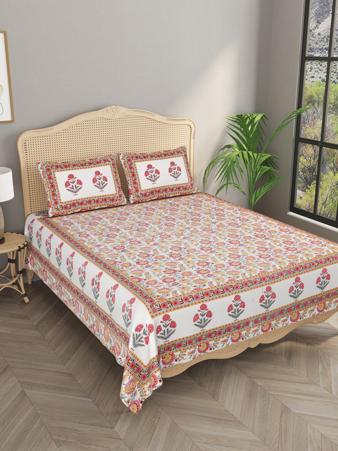 

Gulaab Jaipur Floral 400 TC King Bedsheet with 2 Pillow Covers, Orange