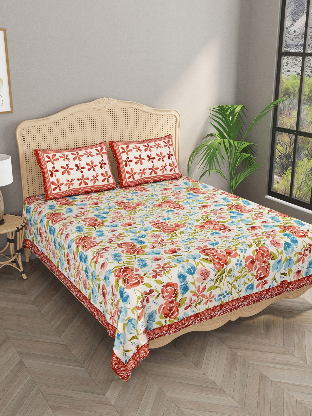 

Gulaab Jaipur Floral 400 TC King Bedsheet with 2 Pillow Covers, Orange