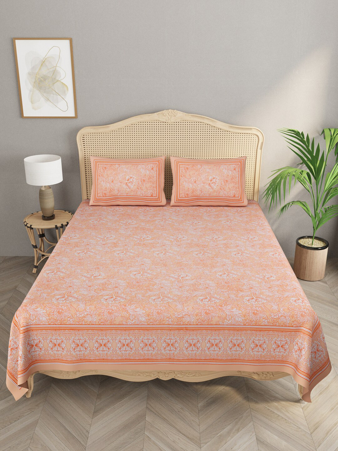 

Gulaab Jaipur Floral 330 TC King Bedsheet with 2 Pillow Covers, Orange