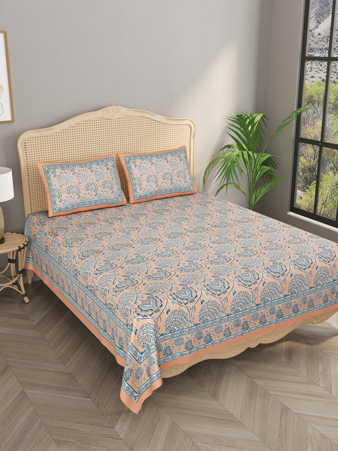 

Gulaab Jaipur Floral 400 TC King Bedsheet with 2 Pillow Covers, Peach