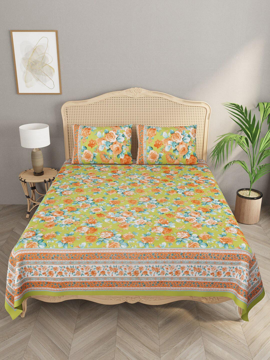 

Gulaab Jaipur Floral 400 TC King Bedsheet with 2 Pillow Covers, Green