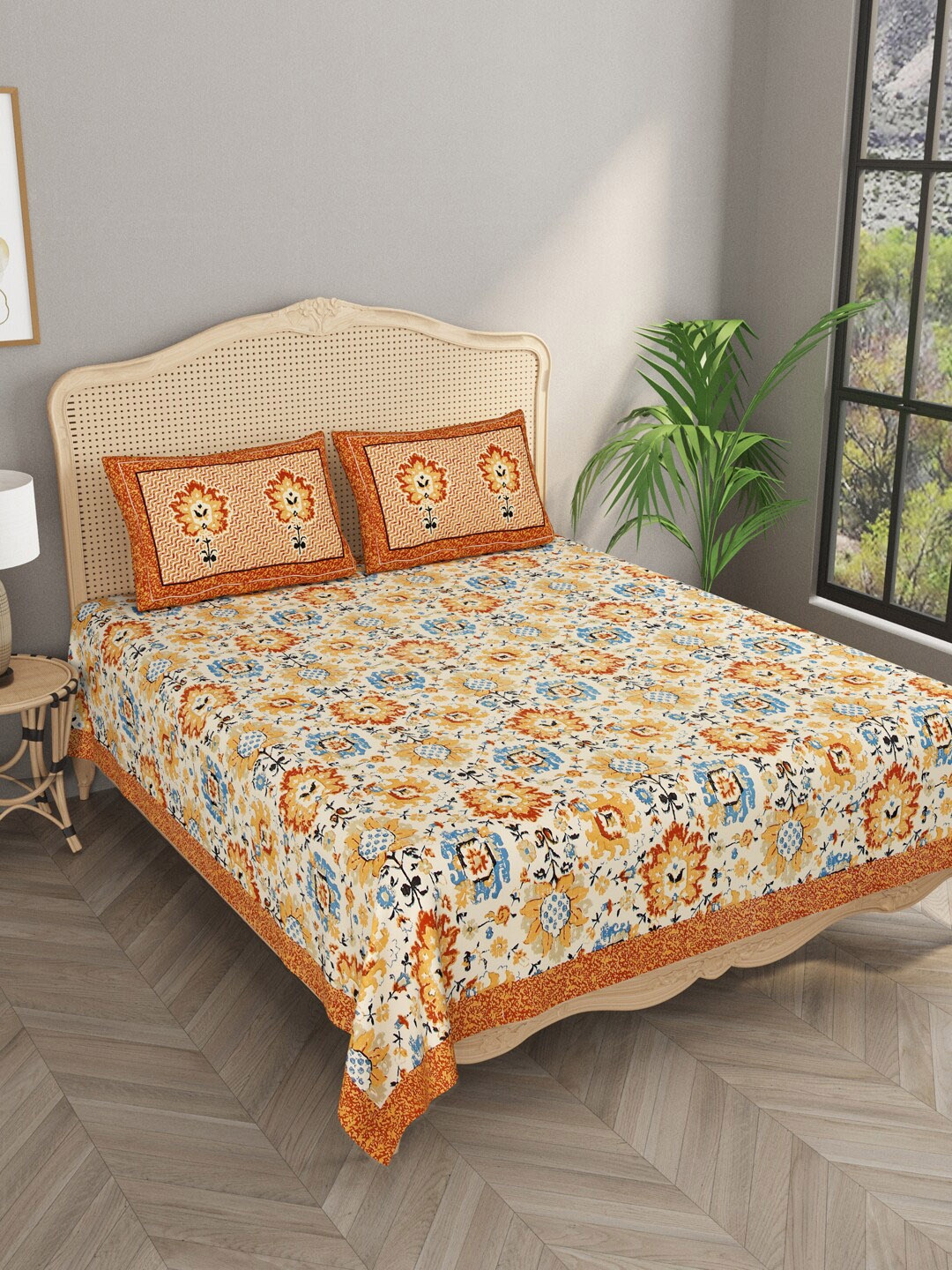 

Gulaab Jaipur Floral 400 TC King Bedsheet with 2 Pillow Covers, Yellow